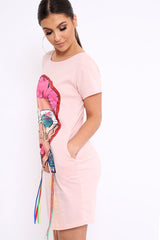 Pink Crew Neck Girls Face T-shirt Dress with Tassels - Sway-Dresses