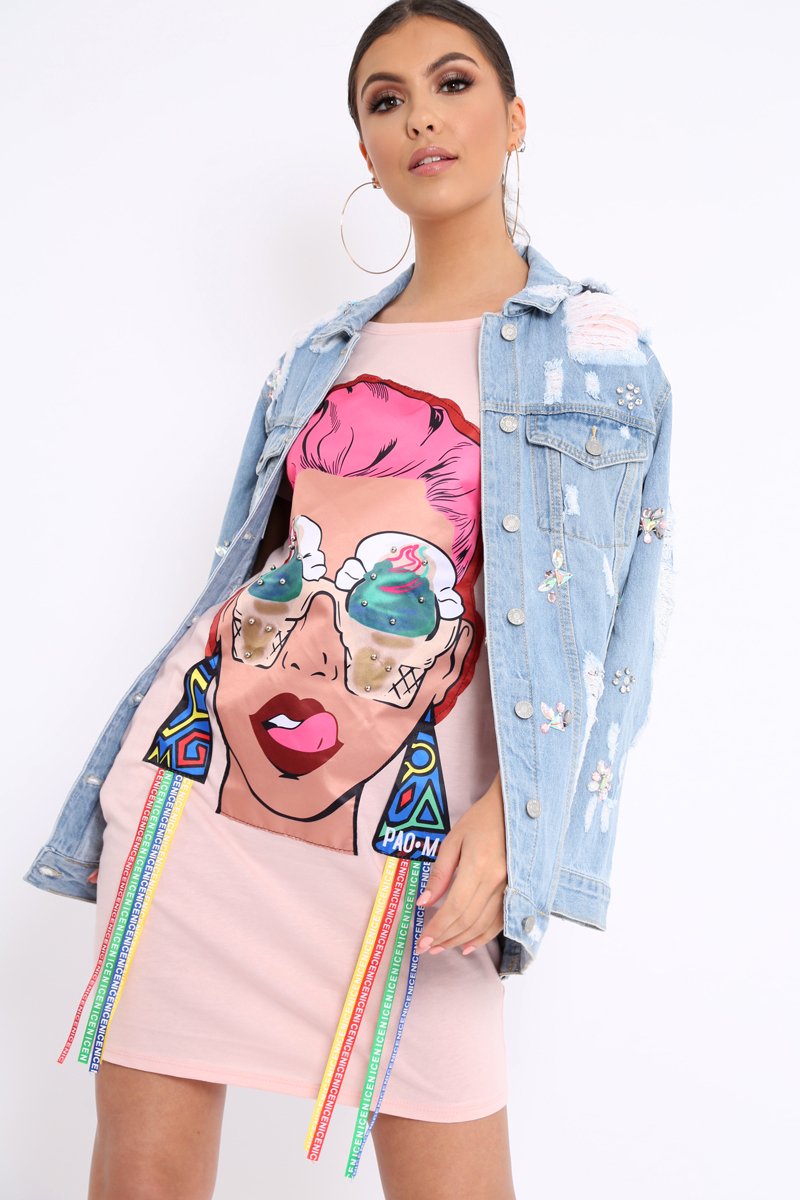 Pink Crew Neck Girls Face T-shirt Dress with Tassels - Sway-Dresses