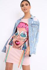 Pink Crew Neck Girls Face T-shirt Dress with Tassels - Sway-Dresses