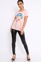 Pink Crew Neck Girls Face T-shirt with Tassels - Leacy-Tops