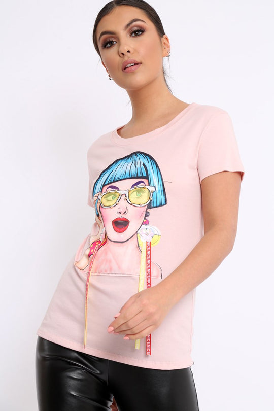 Pink Crew Neck Girls Face T-shirt with Tassels - Leacy