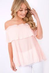 Pink Crinkle Off Shoulder Top - Lucille-Tops