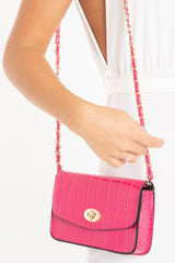 Pink Croc Gold Buckle Clutch Bag - Kenidi-Bags