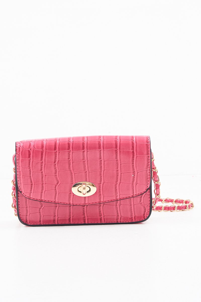 Pink Croc Gold Buckle Clutch Bag - Kenidi-Bags