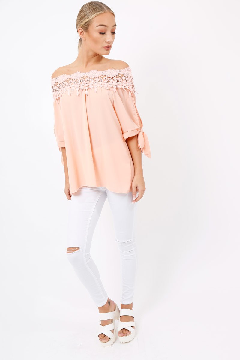Pink Crochet Bardot Top - Evelina-Tops