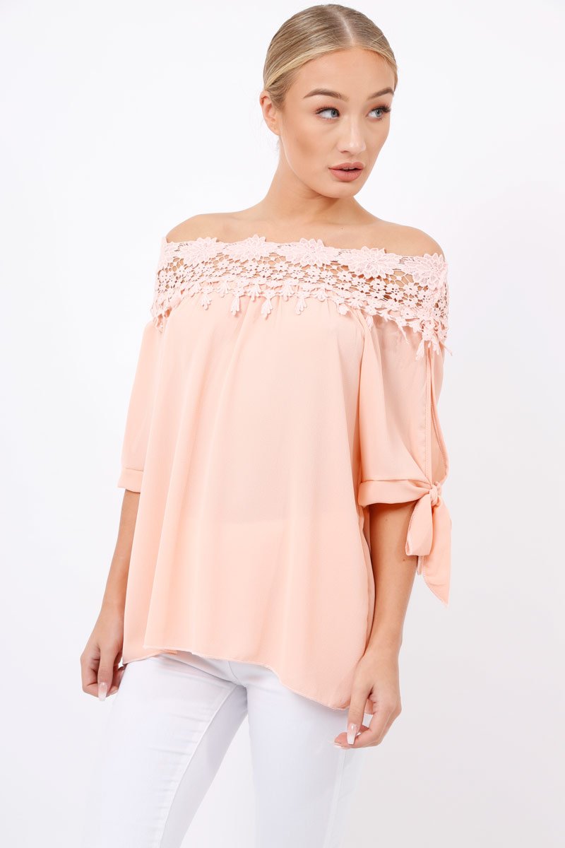 Pink Crochet Bardot Top - Evelina-Tops