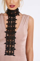 Pink Crochet Choker Bodysuit - Tamara-Bodysuits