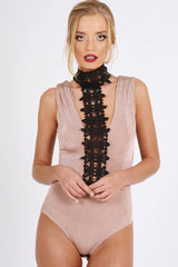 Pink Crochet Choker Bodysuit - Tamara-Bodysuits
