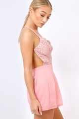 Pink Crochet Cross Back Playsuit -Quinn-Playsuits