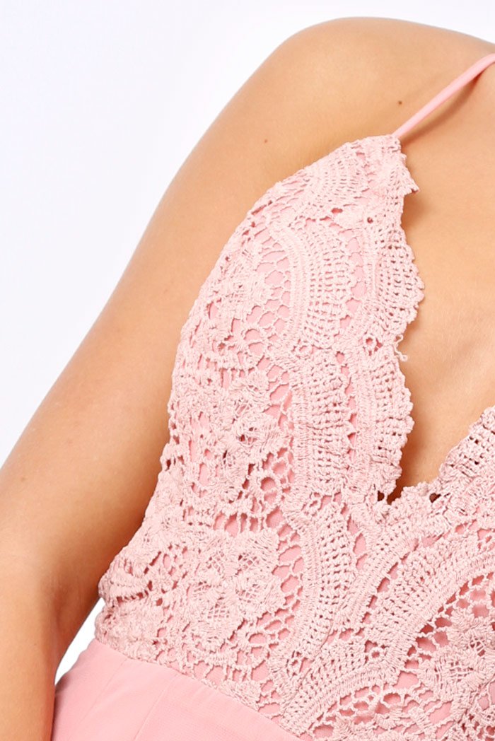 Pink Crochet Cross Back Playsuit -Quinn-Playsuits