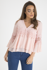 Pink Crochet Detail Bell Sleeve Layered Top - Fiona-Tops