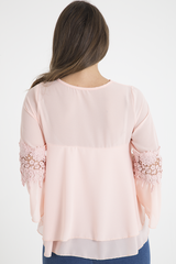 Pink Crochet Detail Bell Sleeve Layered Top - Fiona-Tops