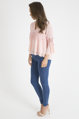 Pink Crochet Detail Bell Sleeve Layered Top - Fiona-Tops
