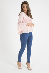 Pink Crochet Detail Bell Sleeve Layered Top - Fiona-Tops
