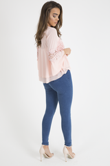 Pink Crochet Detail Bell Sleeve Layered Top - Fiona-Tops