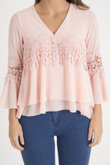 Pink Crochet Detail Bell Sleeve Layered Top - Fiona-Tops