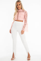 Pink Crochet Lace Bell Sleeve Crop Top - Taylor-Crop Tops