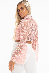 Pink Crochet Lace Bell Sleeve Crop Top - Taylor-Crop Tops