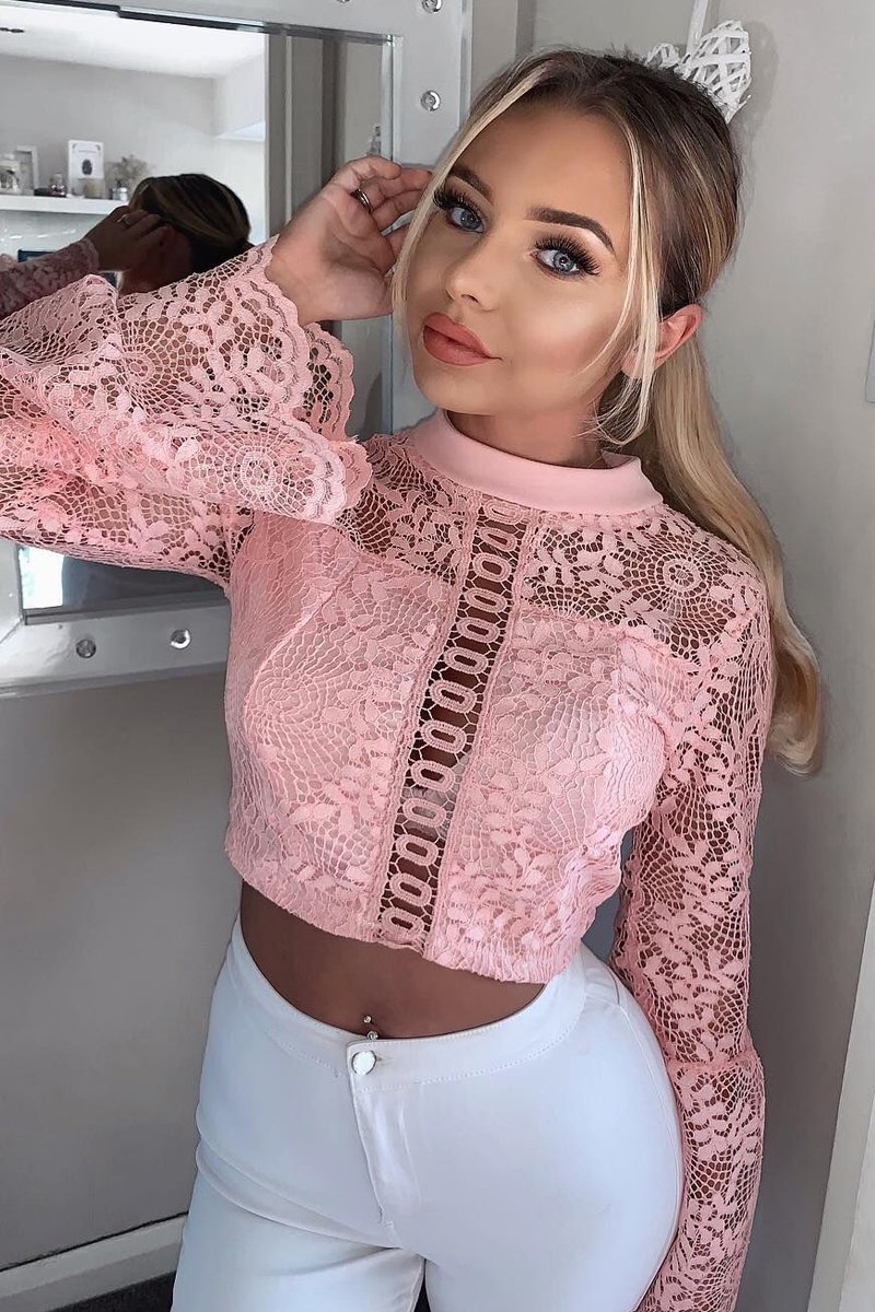 Pink Crochet Lace Bell Sleeve Crop Top - Taylor-Crop Tops