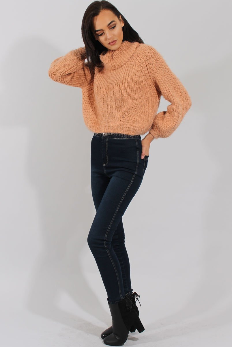 Pink Cropped Roll Neck Jumper - Sophia-Jumper