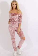 Pink Crushed Velvet Bardot Split Knee Jumpsuit - Binky-Jumpsuits