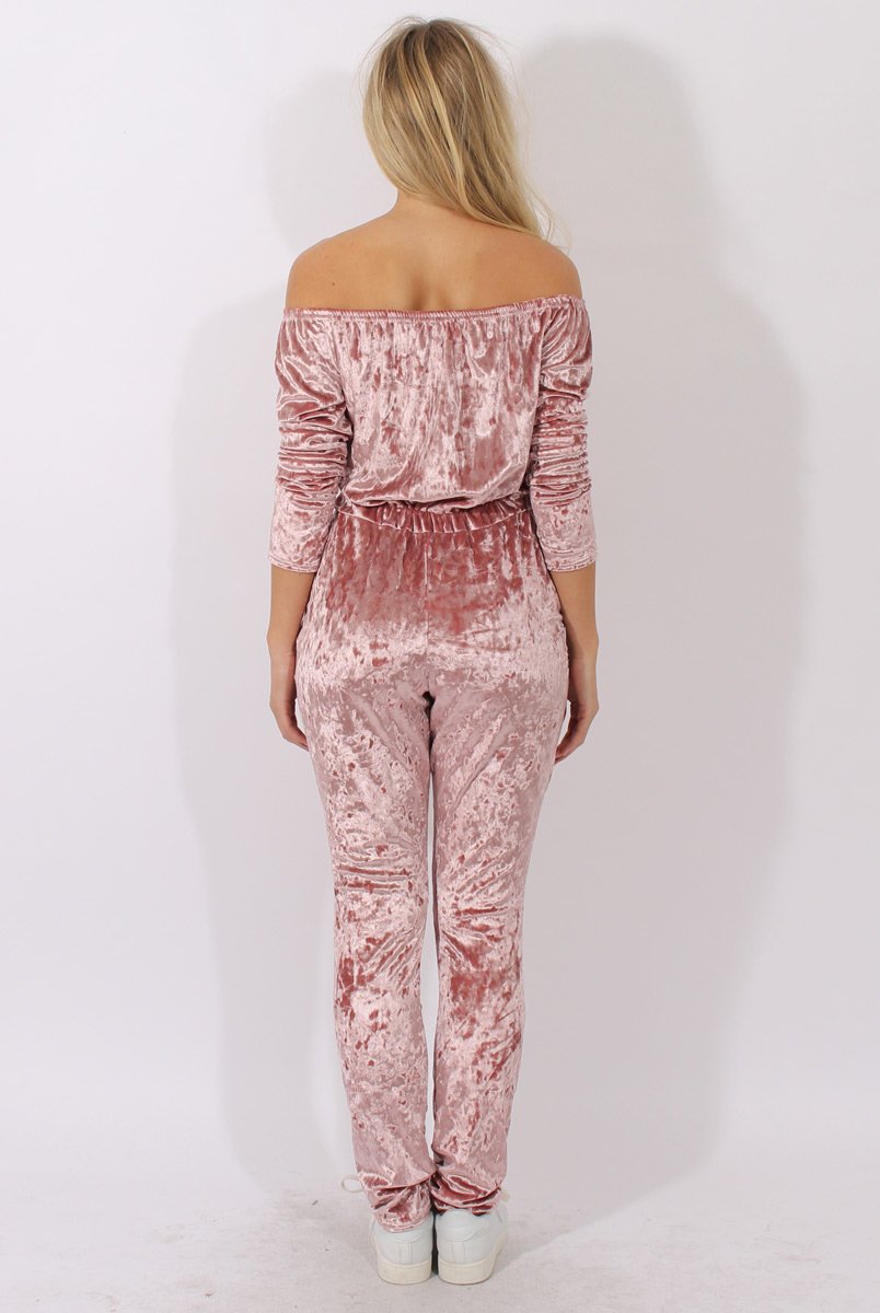 Pink Crushed Velvet Bardot Split Knee Jumpsuit - Binky-Jumpsuits