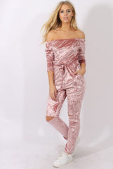 Pink Crushed Velvet Bardot Split Knee Jumpsuit - Binky-Jumpsuits
