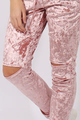 Pink Crushed Velvet Bardot Split Knee Jumpsuit - Binky-Jumpsuits