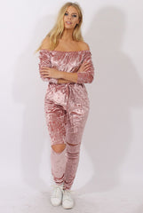 Pink Crushed Velvet Bardot Split Knee Jumpsuit - Binky-Jumpsuits