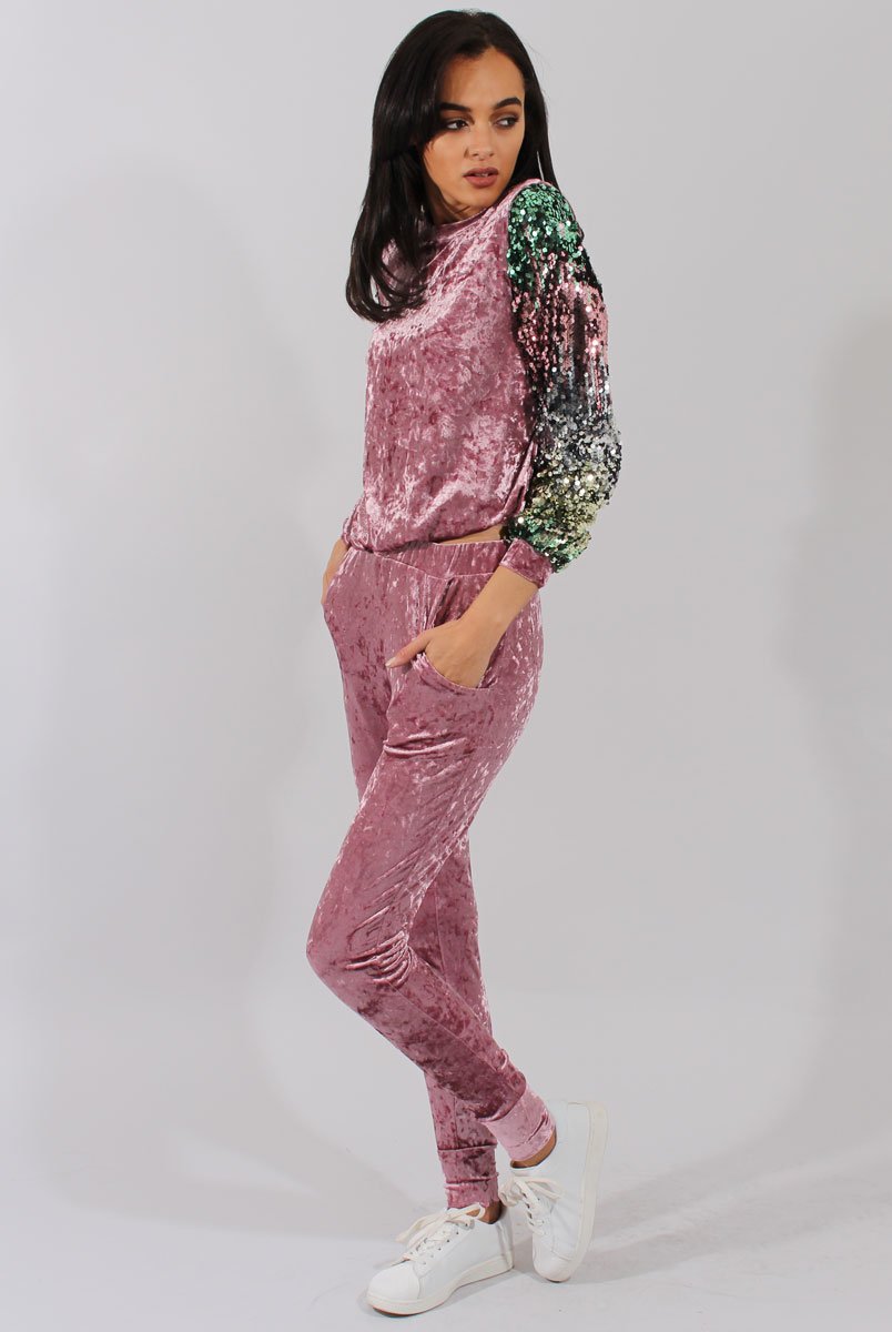 Pink Crushed Velvet Sequined Tracksuit - Rosita-Tracksuits