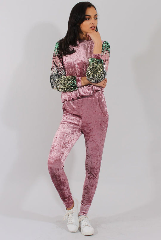 Pink Crushed Velvet Sequined Tracksuit - Rosita