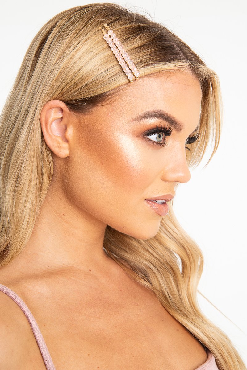 Pink Crystal Embellished Pack of 2 Hair Clips - Patrice-Hair