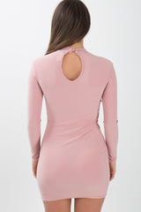 Pink Cut Out Choker Cross Over Bodycon Dress - Toula-Dresses