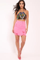 Pink Denim Extreme Ripped Skirt - Jeanie-Skirts