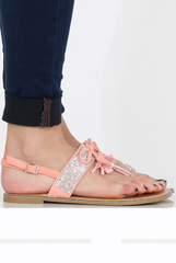 Pink Diamante Bow Detail T-Bar Sandal - Tereza-Shoes