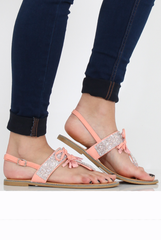 Pink Diamante Bow Detail T-Bar Sandal - Tereza-Shoes