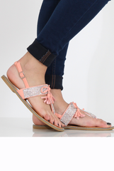 Pink Diamante Bow Detail T-Bar Sandal - Tereza-Shoes
