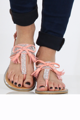 Pink Diamante Bow Detail T-Bar Sandal - Tereza-Shoes