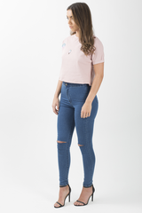 Pink Distressed Badge Detail Crop Top - Toni-Crop Tops