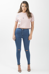 Pink Distressed Badge Detail Crop Top - Toni-Crop Tops