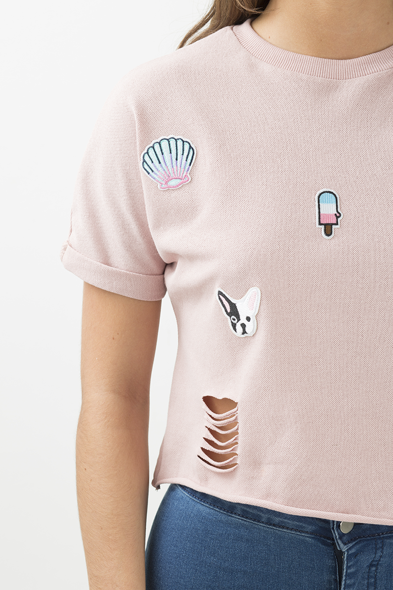 Pink Distressed Badge Detail Crop Top - Toni-Crop Tops