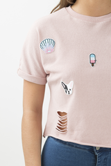 Pink Distressed Badge Detail Crop Top - Toni-Crop Tops