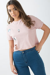 Pink Distressed Badge Detail Crop Top - Toni-Crop Tops