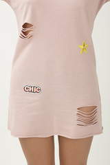 Pink Distressed Badge Detail T Shirt Dress - Kalani-Dresses