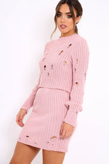 Pink Distressed Cable Knit Co-ord - Dayla-Co-ords