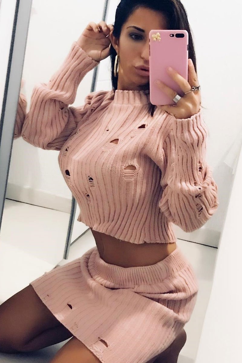 Pink Distressed Cable Knit Co-ord - Dayla-Co-ords