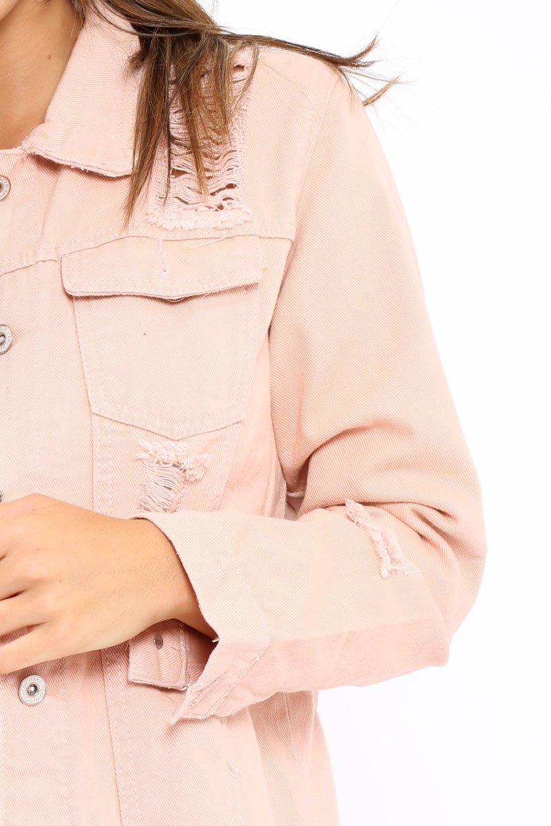 Pink Distressed Denim Jacket - Saima-Jackets