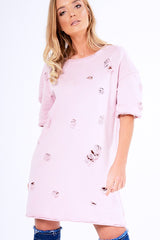 Pink Distressed Detail Short Sleeved Jumper Dress - Cammie-Jumper