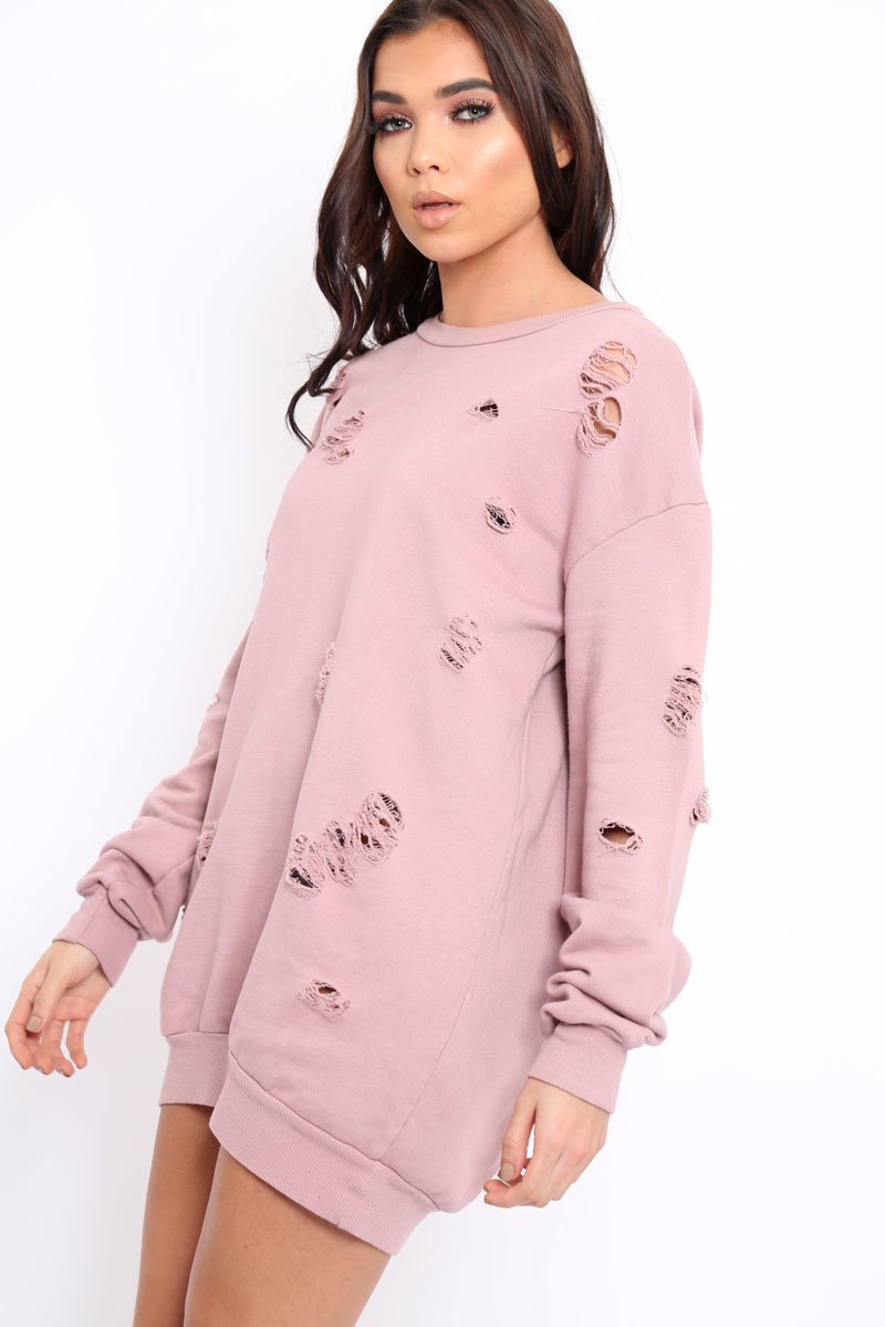 Pink Distressed Detail Sweatshirt Jumper Dress - Ivy-Jumper