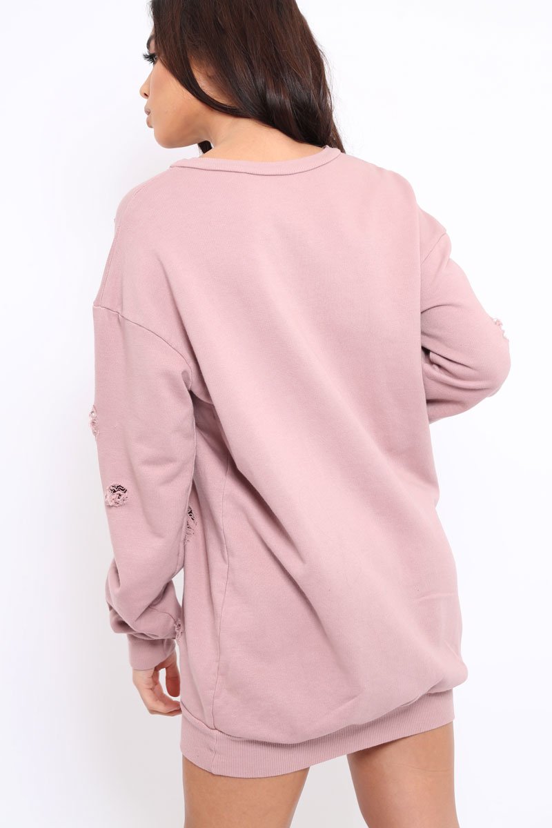 Pink Distressed Detail Sweatshirt Jumper Dress - Ivy-Jumper